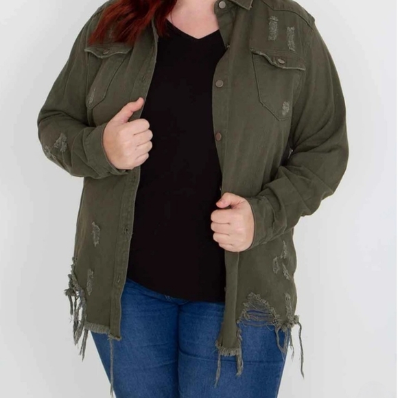 Distressed Denim Shacket Plus Size Olive - Picture 2 of 6